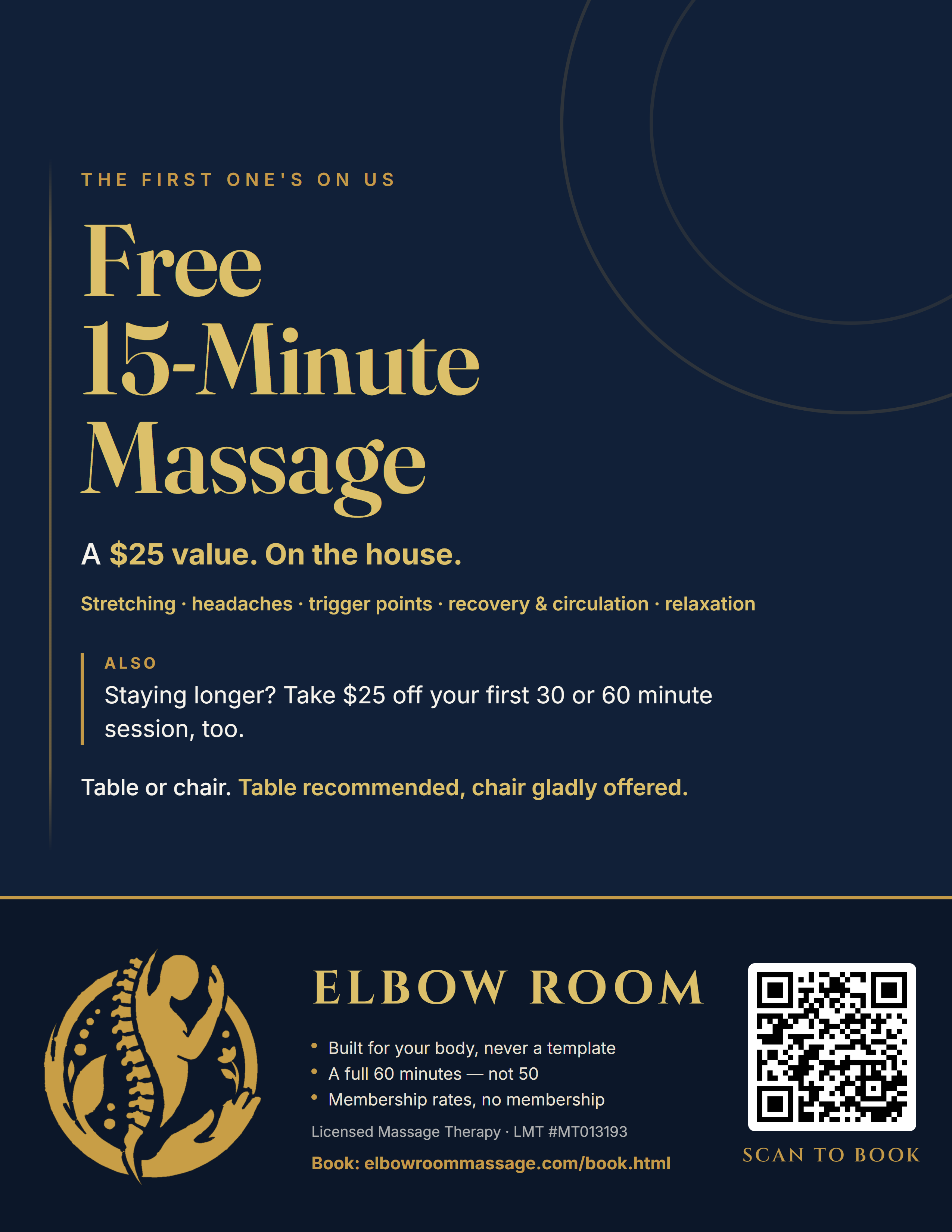 Elbow Room free 15-minute massage flyer